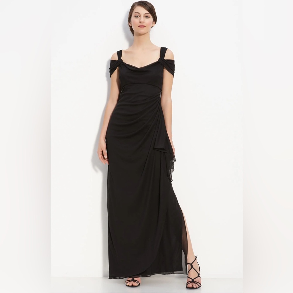 Alex Evenings Black Cold Shoulder Ruffle Gown size 6